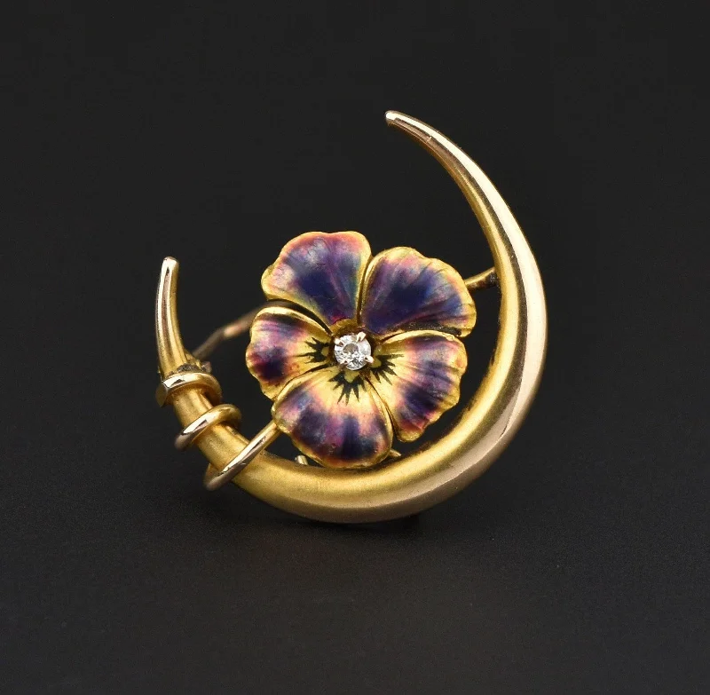 Flat twist brooch-Art Nouveau 14K Gold Diamond Enamel Pansy Crescent Moon Brooch