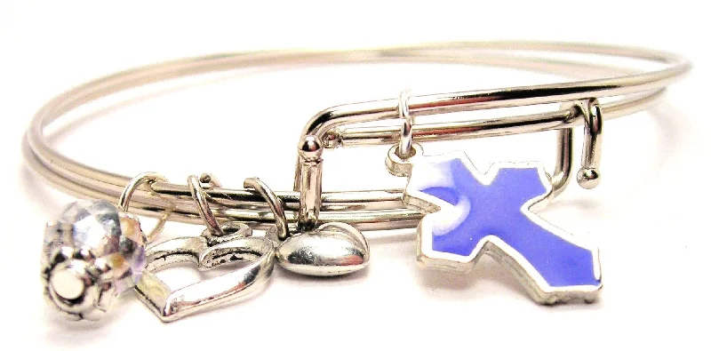 Surf bead bangles-Hand Painted Latin Cross Blue Expandable Bangle Bracelet Set