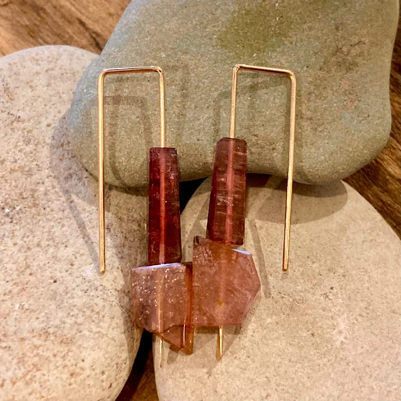 Lunar glow earrings-Geometric Double Tourmaline 14K Gold Earrings