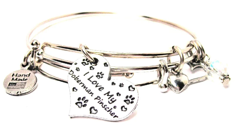 Solid stone bangles-I Love My Doberman Pinscher Heart Expandable Bangle Bracelet Set