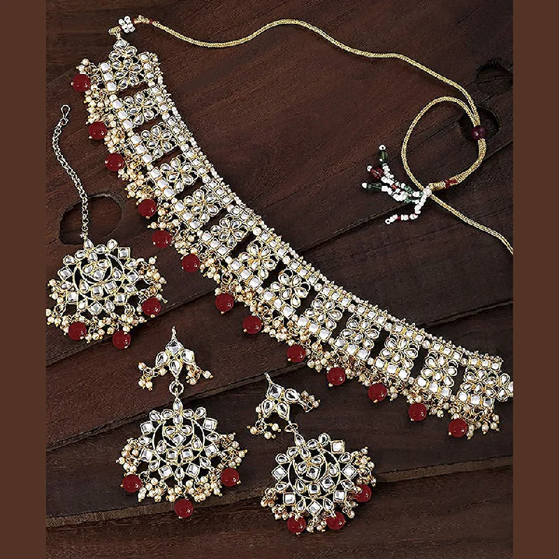 Thin bead necklaces-Etnico Gold Plated Traditional Kundan & Pearl Studded Choker NecklaceJewellery Set with Earrings & Maang Tikka For Women (K7069M-1)