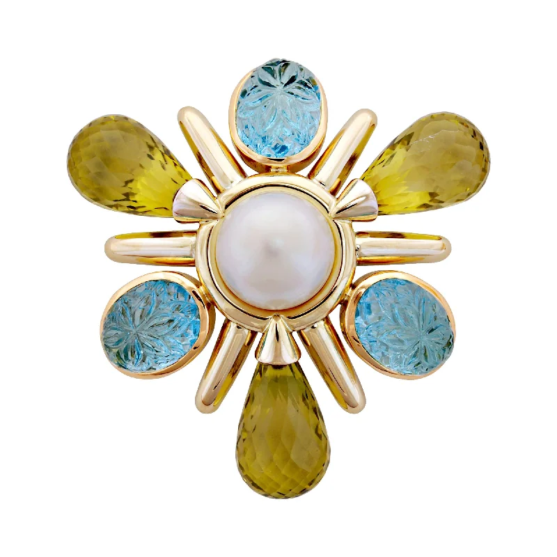 Etched motif brooch-Brooch- Blue Topaz, Lemon Quartz And Pearl