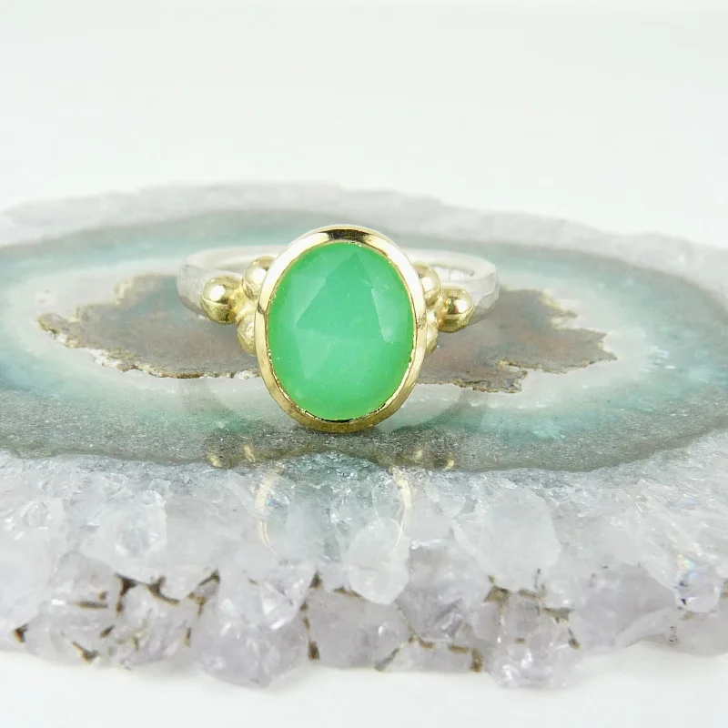 Oval stone rings-Chrysoprase Granulation Ring