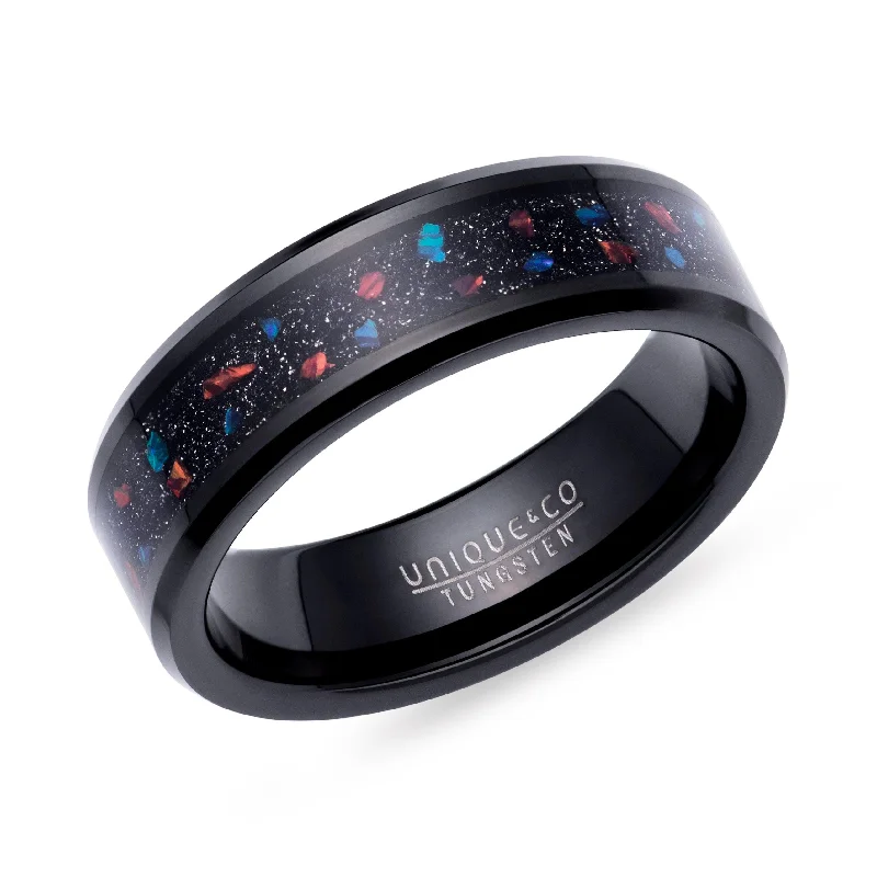 Silk cord rings-Unique & Co Tungsten Ring With Black Opal And Red Stone