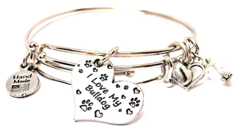 Round gem bangles-I Love My Bulldog Heart Expandable Bangle Bracelet Set