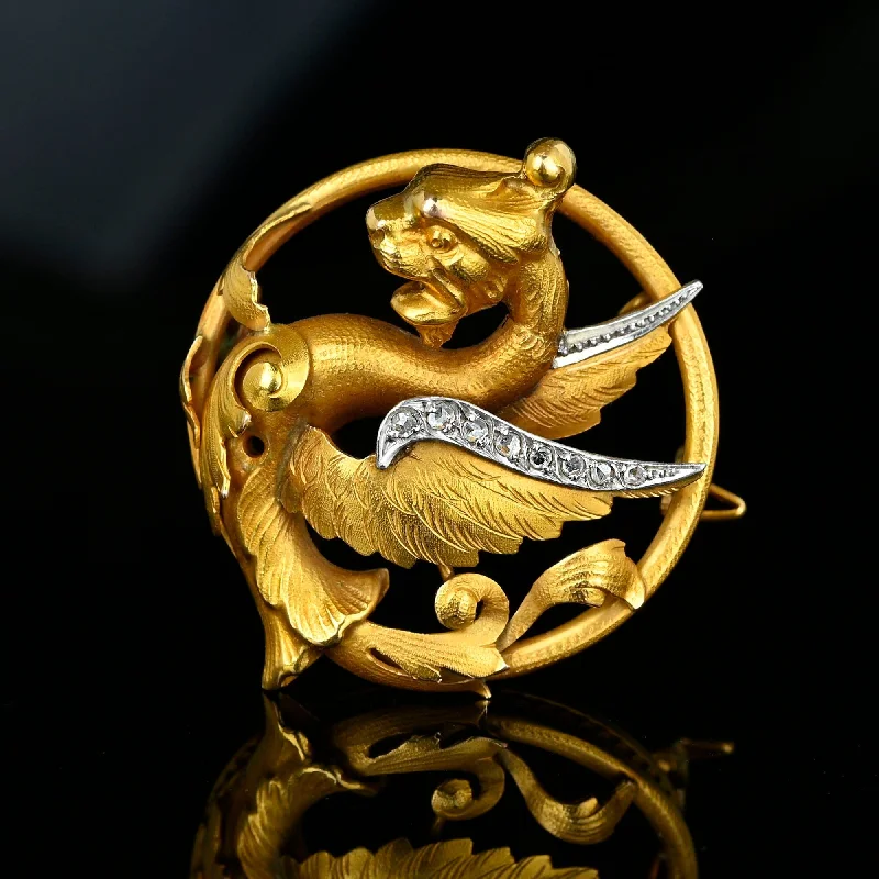 New moon brooch-Antique Rose Cut Diamond 18K Gold Griffin Brooch