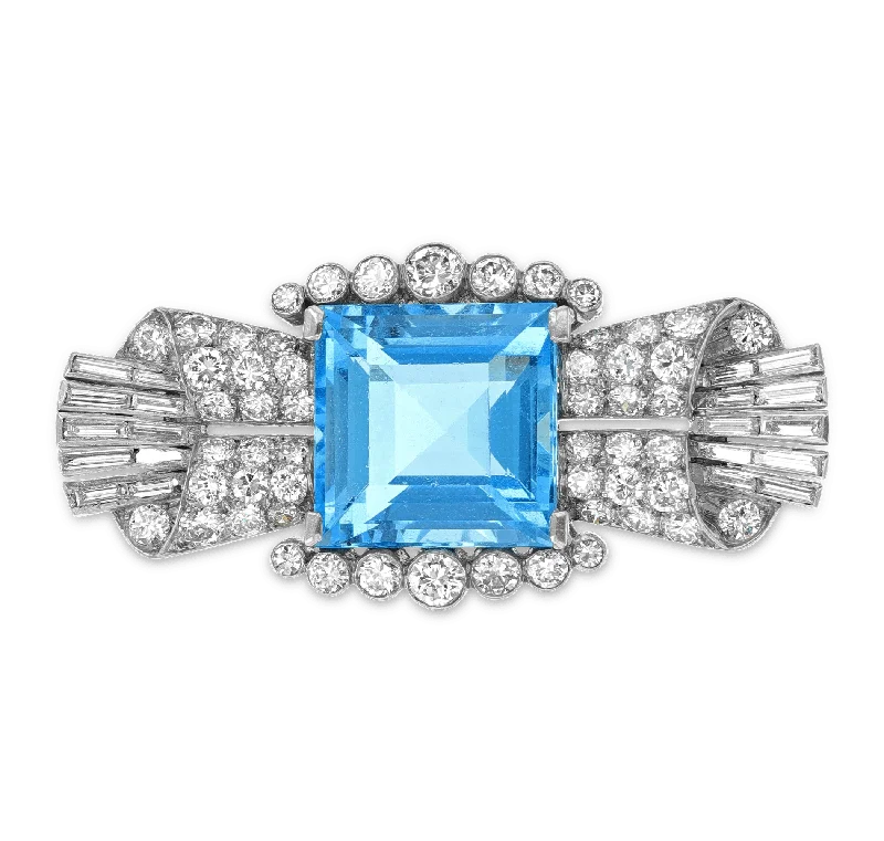 Bamboo design brooch-Art Deco Aquamarine Brooch, 10.00 Carats