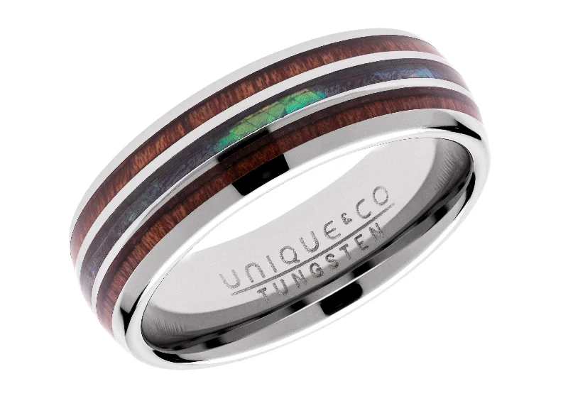 Tide design rings-Unique & Co 7mm Tungsten Carbide Ring with Abalone Shell and Wood