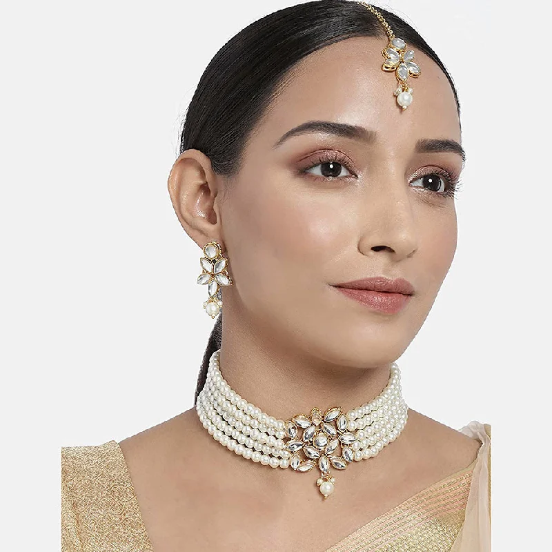 Worn style necklaces-Etnico 18K Gold Plated Traditional Kundan with Pearl Choker Necklace Jewellery Set & Maang Tikka for Women/Girls (ML262W)