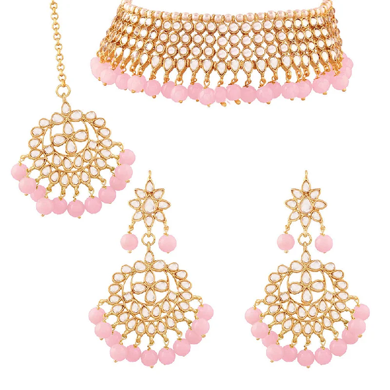 Astro charm necklaces-Etnico 18K Gold Plated Traditional Handcrafted Kundan & Pearl Studded Choker Necklace Jewellery Set with Earrings & Maang Tikka (K7075Pi)