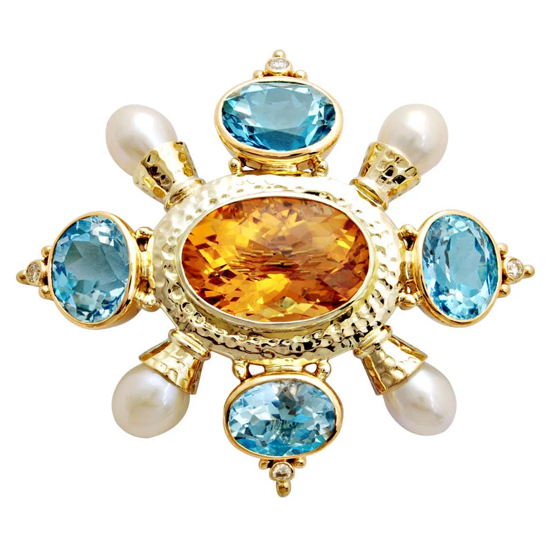 Worn bronze brooch-Brooch-Citrine, Blue Topaz, Pearl and Diamond