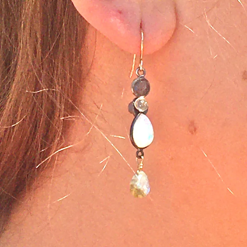 Citrine gem earrings-Waterfall Teardrop Moonstone and Labradorite Earrings