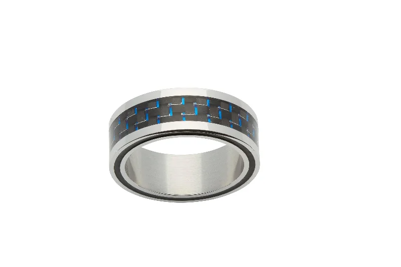 Crystal weave rings-Unique & Co Blue Carbon Fibre and Steel Ring