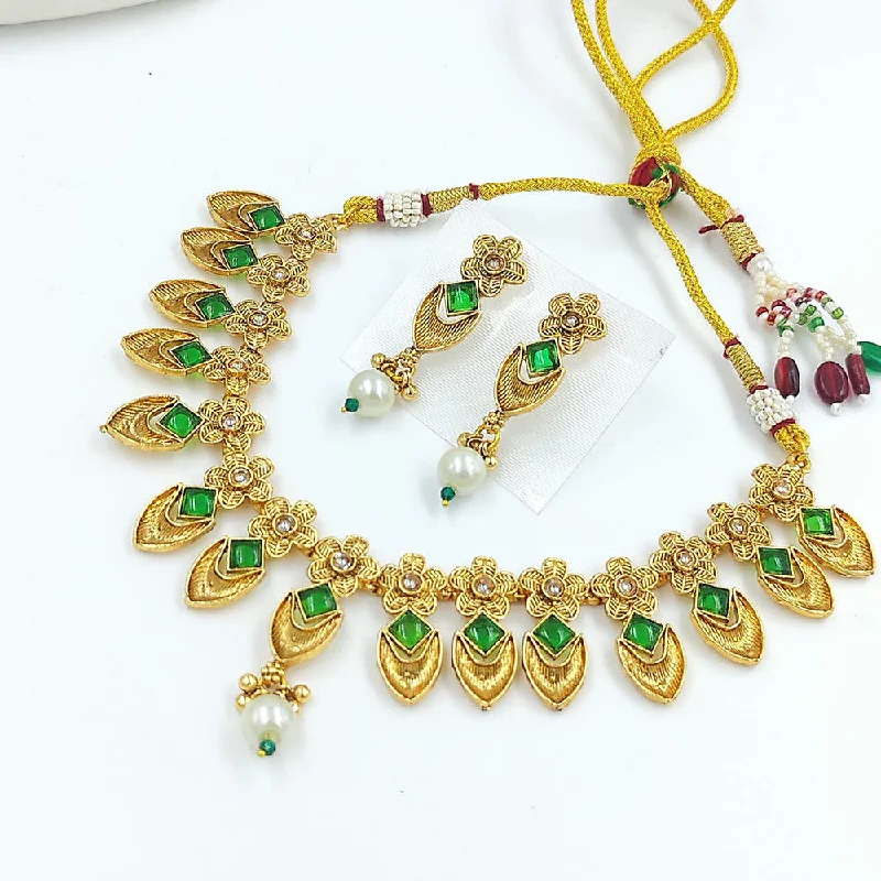 Linen cord necklaces-Palak Art Gold Plated Pota Stone Necklace Set