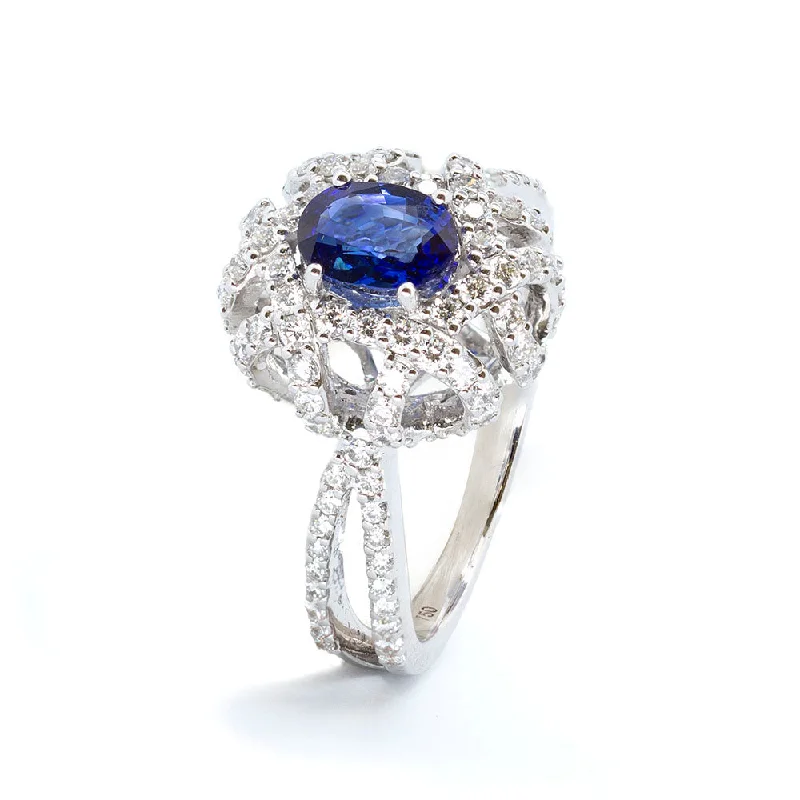 Cluster gem rings-Oval Sapphire Dome Shaped Cocktail Ring with Diamonds