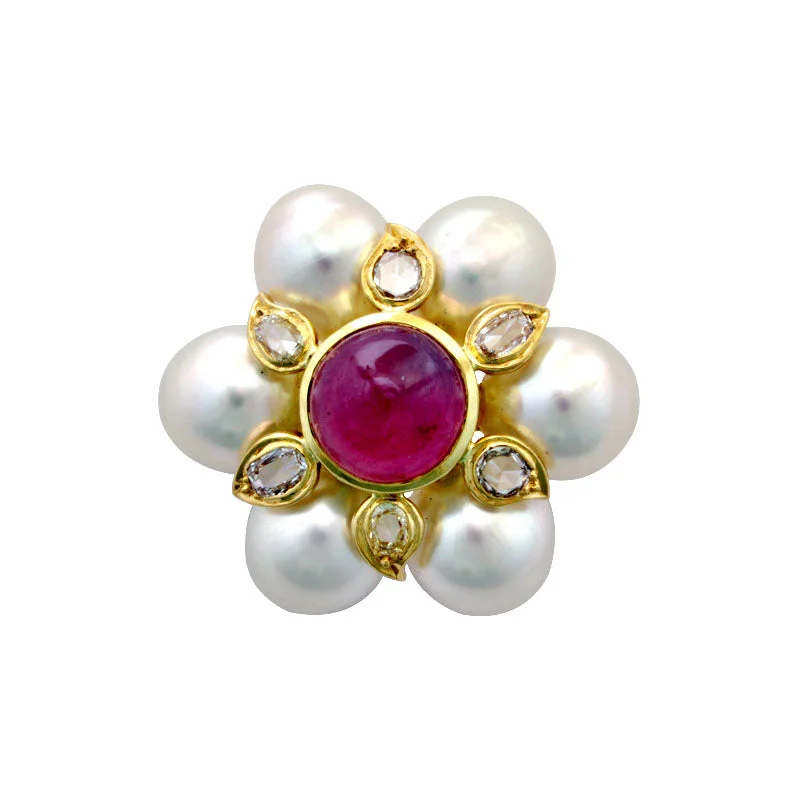 Topaz gem brooch-Brooch-Rubellite, Pearl and Diamond