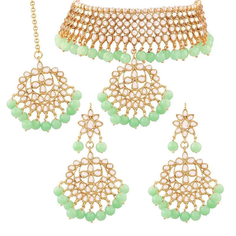 Cord fringe necklaces-Etnico 18K Gold Plated Traditional Kundan & Pearl Studded Choker Necklace Jewellery Set with Earrings & Maang Tikka For Women (K7058Min)