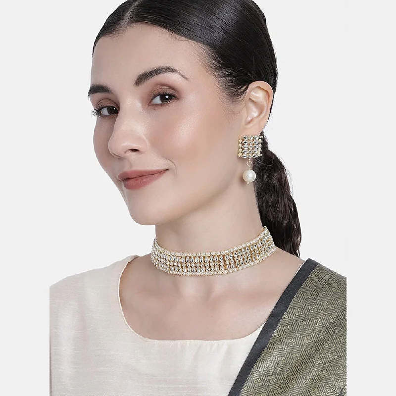 Sleek design necklaces-Etnico 18k Gold Plated Traditional White Pearl & Kundan Studded Choker Necklace Jewellery Set For Women/Girls (K7209W)