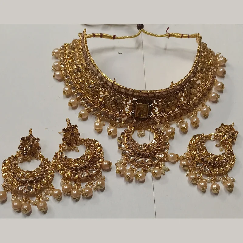 Bead-twisted necklaces-Kumavat Jewels Gold Plated Kundan Stone And Beads Traditional Choker Necklace Set with Maang Tikka