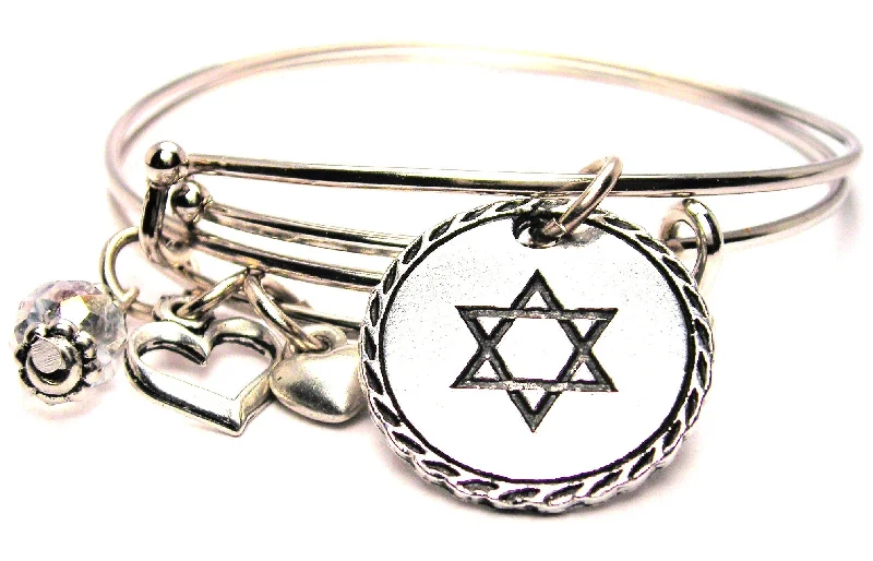 Coiled cord bangles-Star Of David Circle Detailed Trim Expandable Bangle Bracelet Set