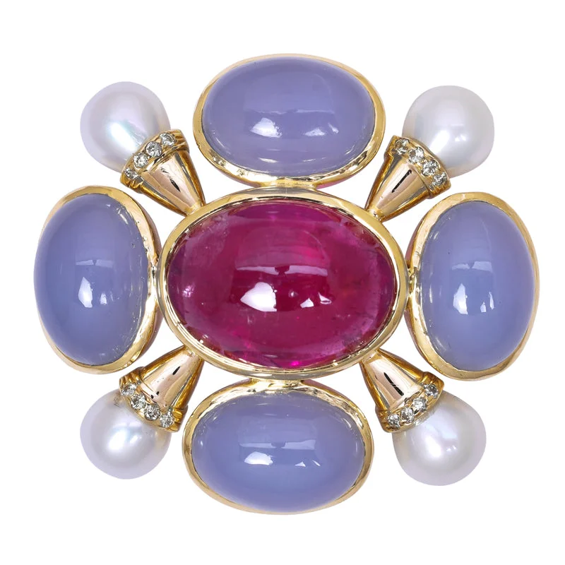 Citrine brooch-Brooch- Rubellite, Chalcedony, F.W. Pearl And Diamond