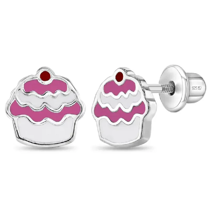 Java tile earrings-Children's Sterling Silver & Enamel Cupcake Stud Earrings