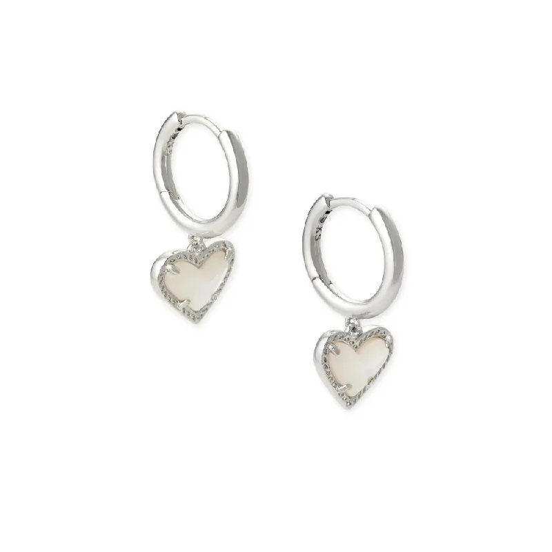 Layered gem earrings-Kendra Scott Ari Heart Rhodium Huggie Earrings in Ivory Mother of Pearl