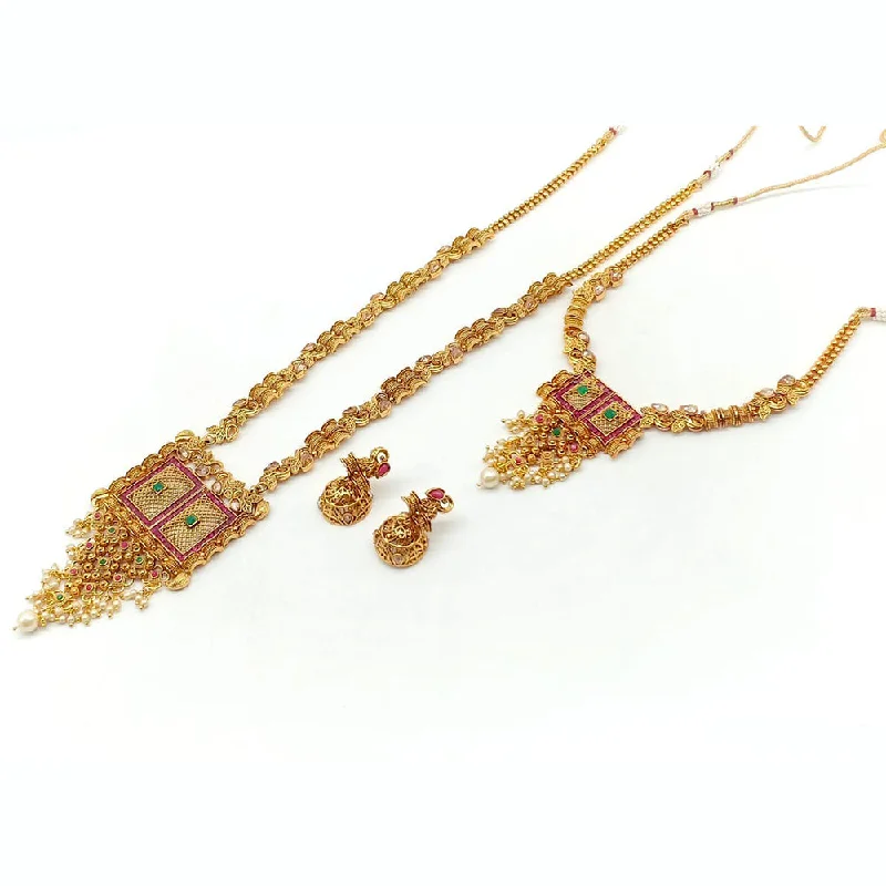 Raised disc necklaces-Rani Sati Jewels Gold Plated Pota Stone Double Necklace Set