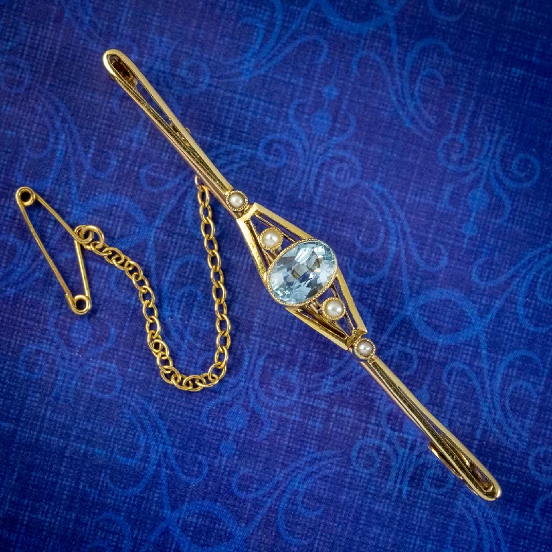 Glossy enamel brooch-Art Deco Aquamarine Pearl Bar Brooch 15ct Gold Circa 1920