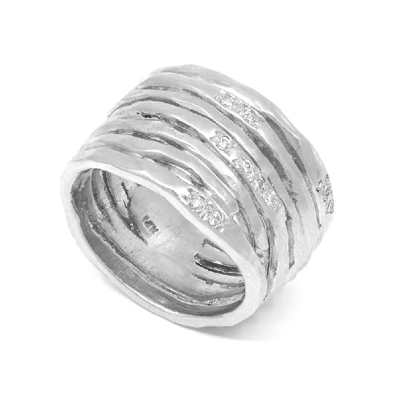 Bead-woven rings-Textured White Gold Multi Band Ring with Diamonds