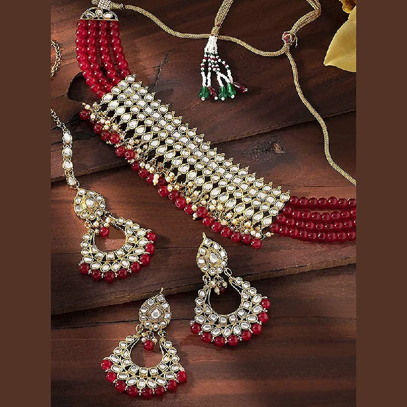 Offset design necklaces-Etnico 18K Gold-Plated Kundan & Pearl Studded Choker Necklace Jewellery Set for Women Kundan & Girls (K7083R)