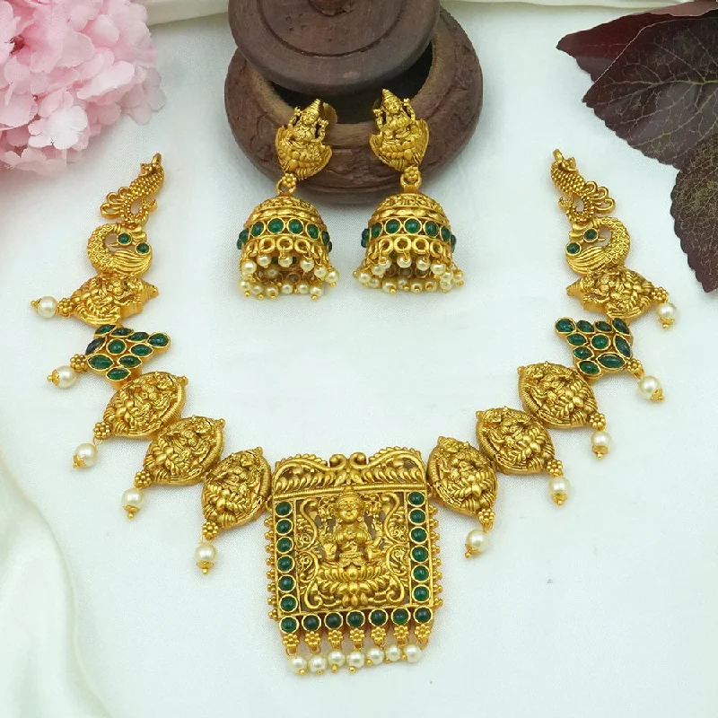 Bali style necklaces-Diksha Collection Gold Plated Pota Stone Choker Necklace Set - N 667 GREEN