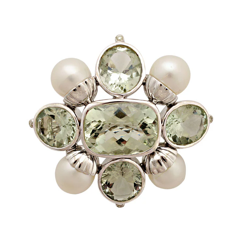 Vintage flair brooch-Brooch-Green Quartz, South Sea Pearl and Diamond