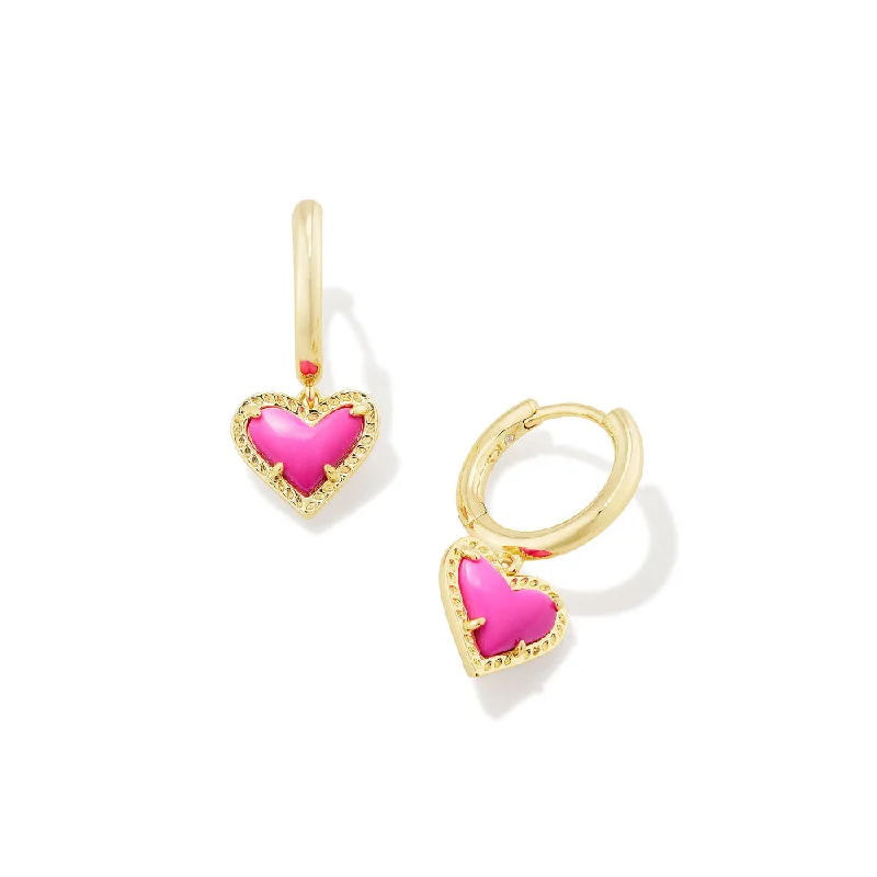 Rough texture earrings-Kendra Scott Ari Gold Heart Huggie Earrings in Neon Pink Magnesite