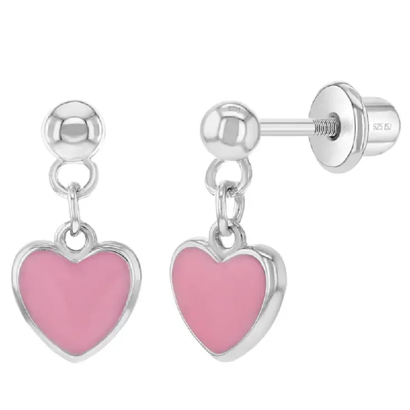 Citrine gem earrings-Children's Sterling Silver & Pink Enamel Heart Dangle Screwback Earrings