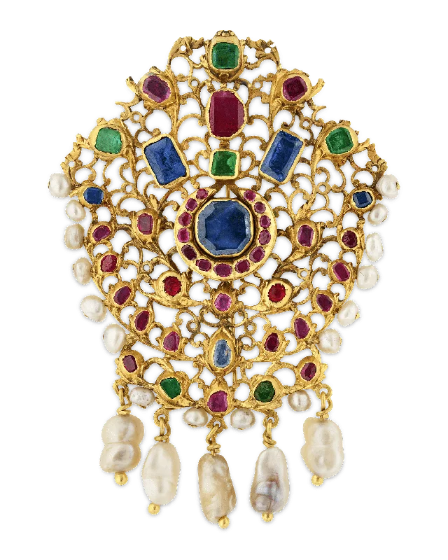 Polished bead brooch-Mughal Colored Gemstone and Pearl Pendant Brooch