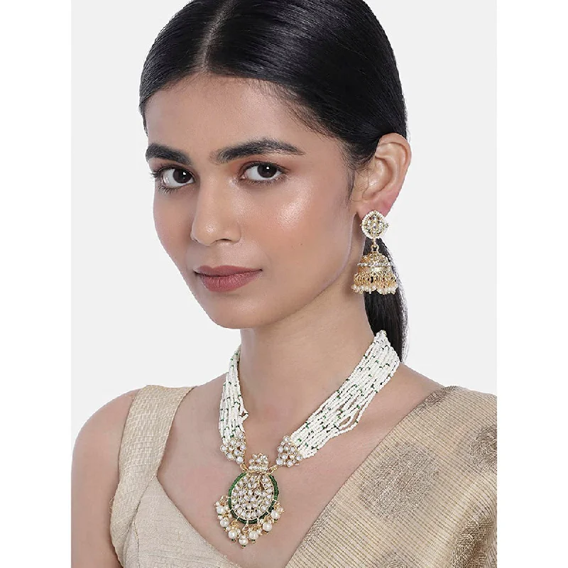 Regal diamond necklaces-Etnico18k Gold Plated Traditional Multistrand Pearl Kundan Studded Necklace Jewellery Set For Women (ML307G)