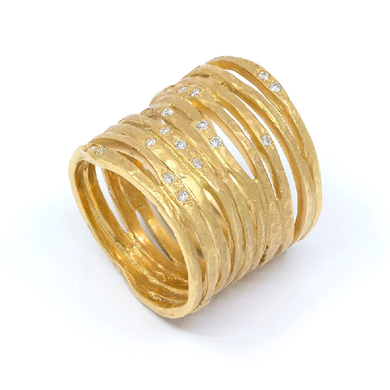 Daisy rings-Long Textured Gold Multi Band Ring with Diamonds