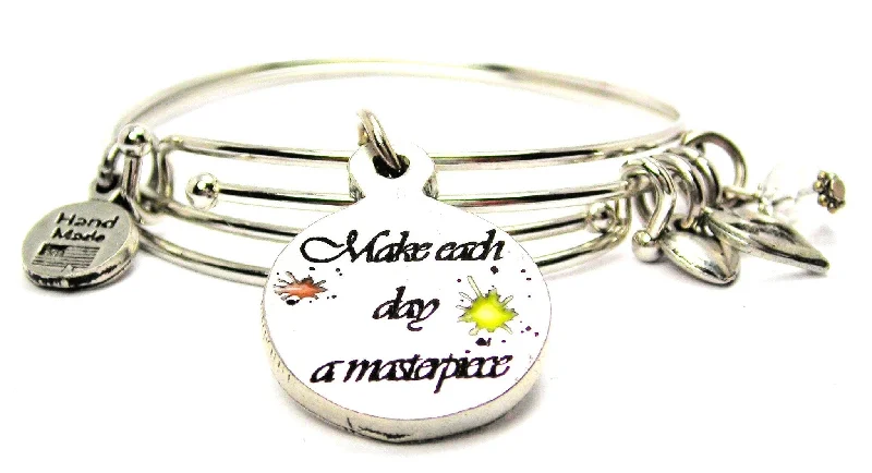 Dainty silver bangles-Hand Painted Make Each Day A Masterpiece Expandable Bangle Bracelet Set