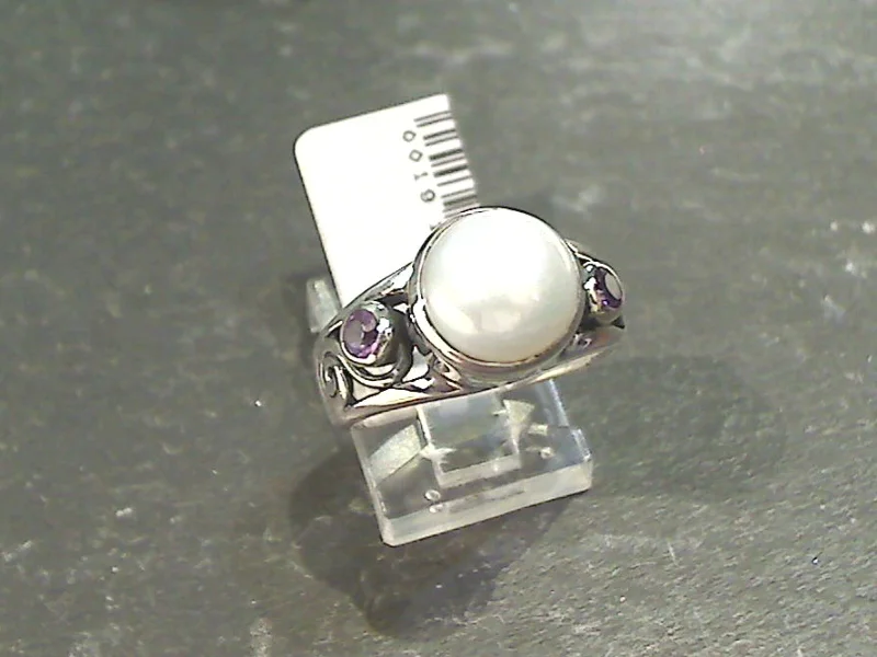 Smooth stone rings-Size 8 Pearl, Amethyst, Sterling Silver Ring