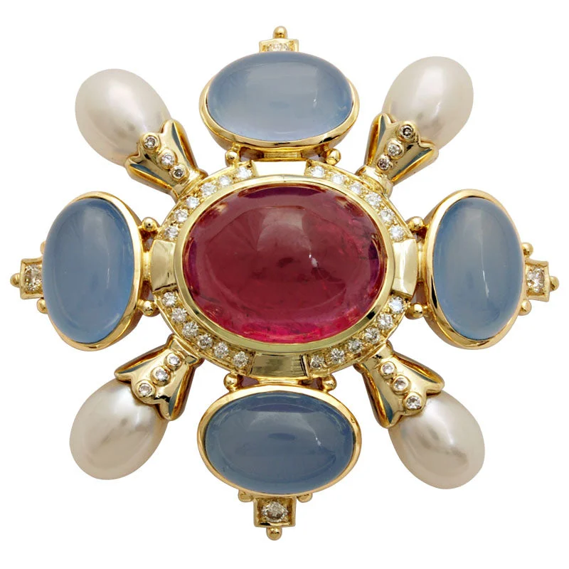 Gothic style brooch-Brooch-Chalcedony, Pearl, Rubellite and Diamond