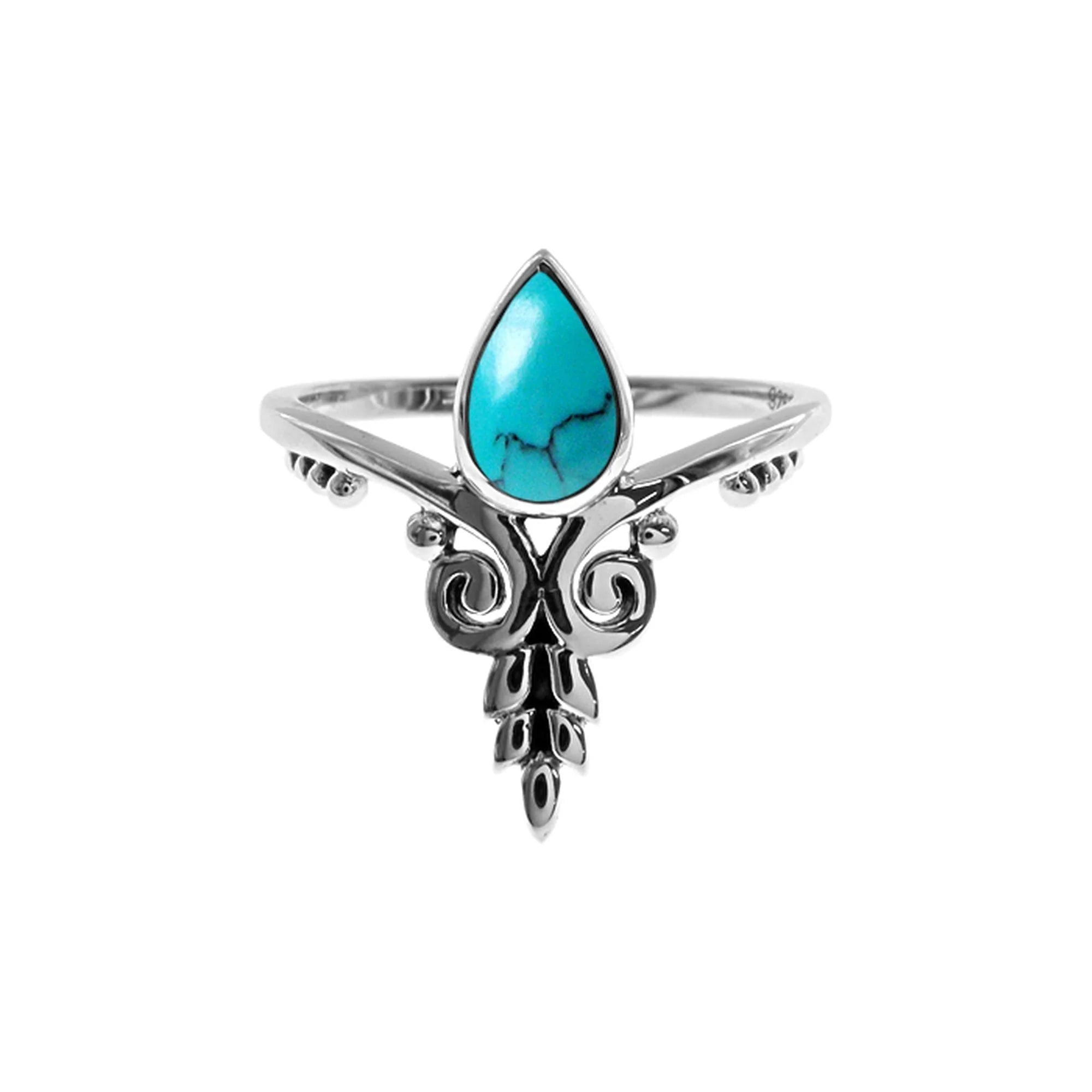 Victorian style rings-Sterling Silver Turquoise Teardrop Floral Chevron Ring