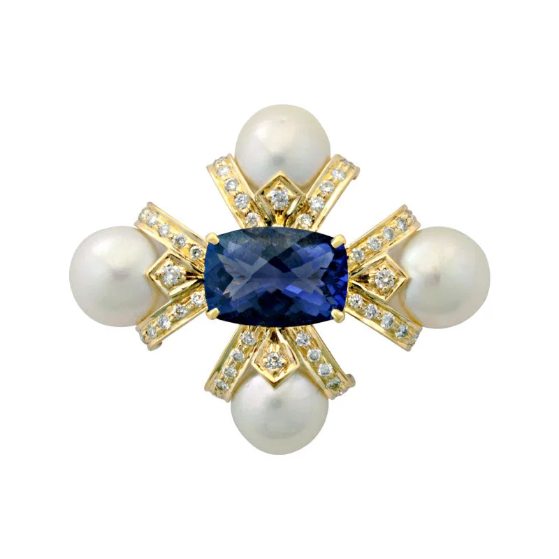 Sapphire gem brooch-Brooch-Iolite, Pearl and Diamond