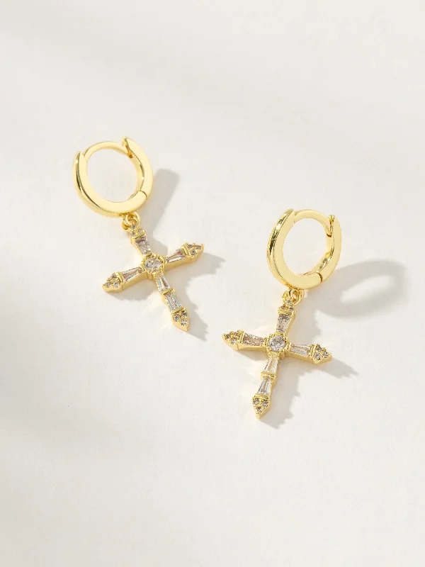 Fine triangle earrings-Crystalized Cross Huggie Earrings