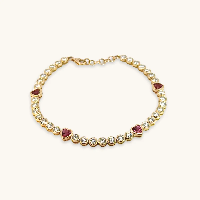 Oval charm bangles-Diamond and Pink Heart Tennis Bracelet