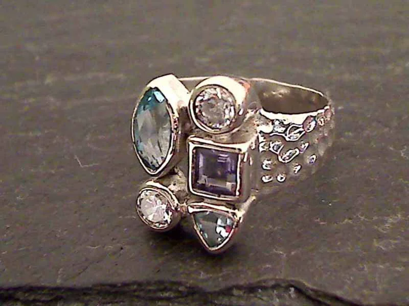 Fox design rings-Size 6 Blue Topaz, CZ, Iolite, Sterling Ring