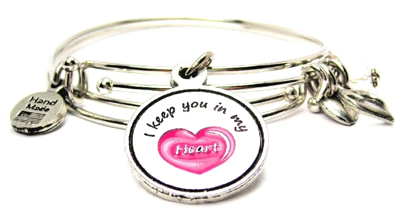 Gem strand bangles-Hand Painted Pink I Keep You In My Heart Expandable Bangle Bracelet Set