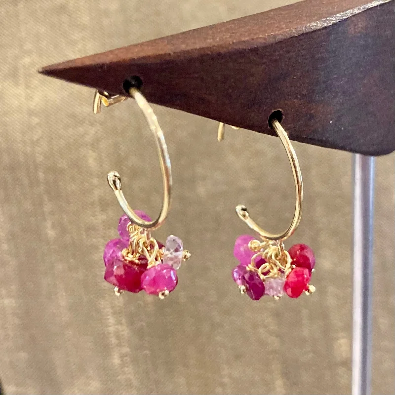 Onyx stone earrings-Ruby Cluster 18K Gold Hoop Earrings