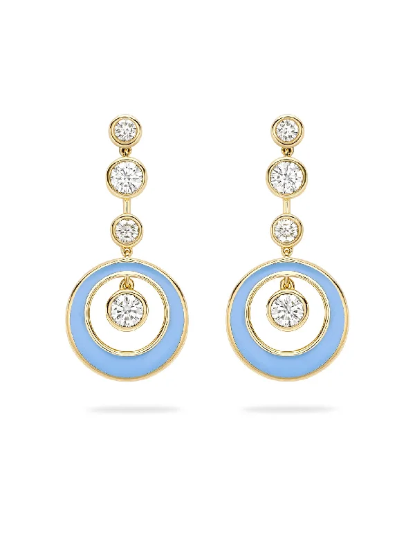 Lily motif earrings-Raindance Diamond Blue Enamel Yellow Gold Earrings