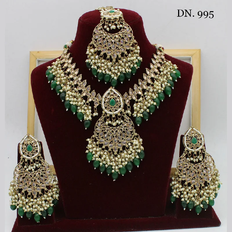 Mesh choker necklaces-India Art Kundan Stone & Beads Gold Plated Necklace Set